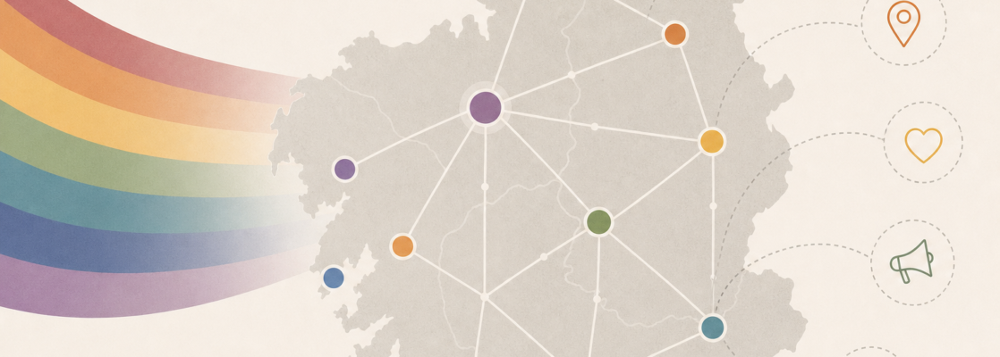 Mapa estilizado de A Coruña con puntos conectados, iconos de comunicación y colores inclusivos desaturados.
