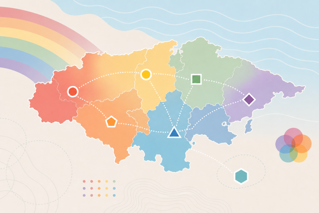 Mapa vectorial de Cantabria con marcadores abstractos que representan recursos LGTBIQA+ y conexiones provinciales.