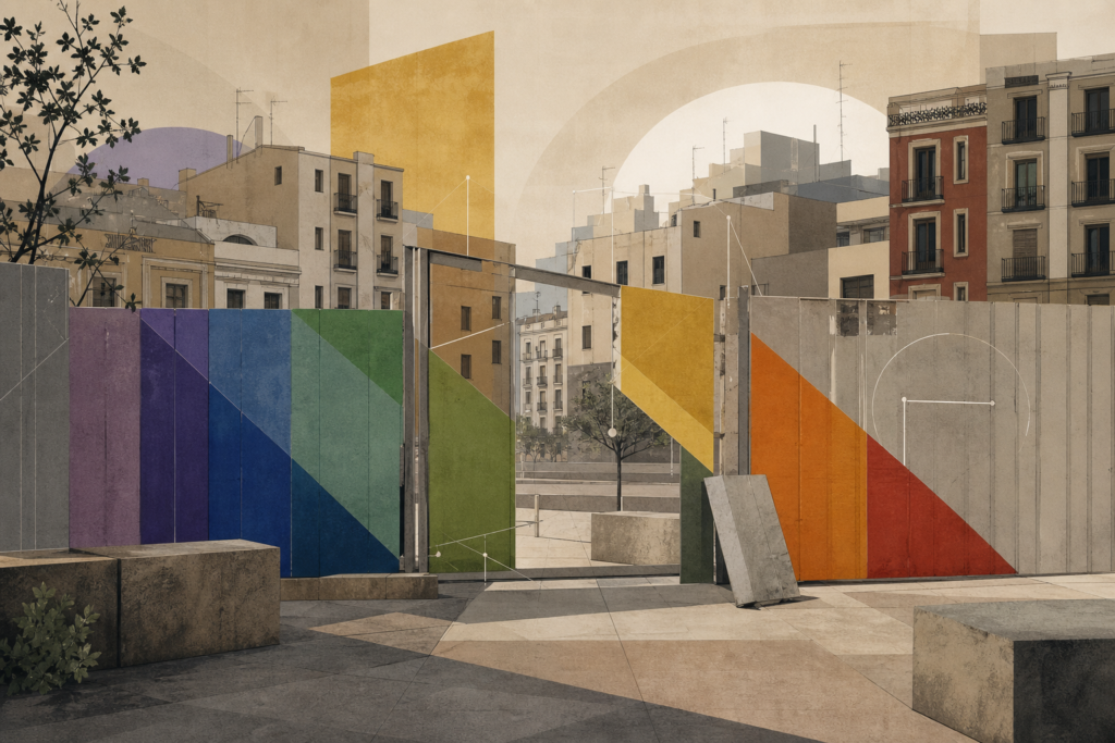 Edificios estilizados de Lavapiés y una valla simbólica parcialmente desmontada con formas abstractas de colores LGTBI.