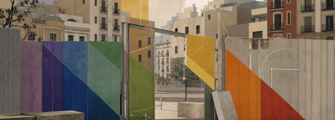 Edificios estilizados de Lavapiés y una valla simbólica parcialmente desmontada con formas abstractas de colores LGTBI.