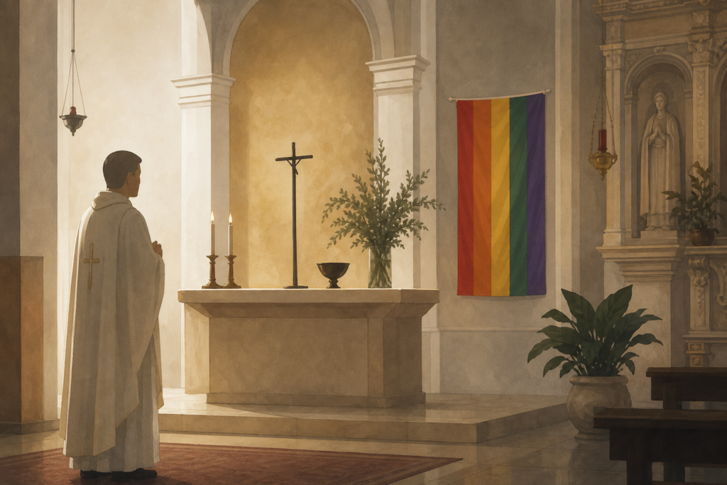 Ilustración del altar de una iglesia sevillana con una bandera arcoíris y una figura sacerdotal no identificable.