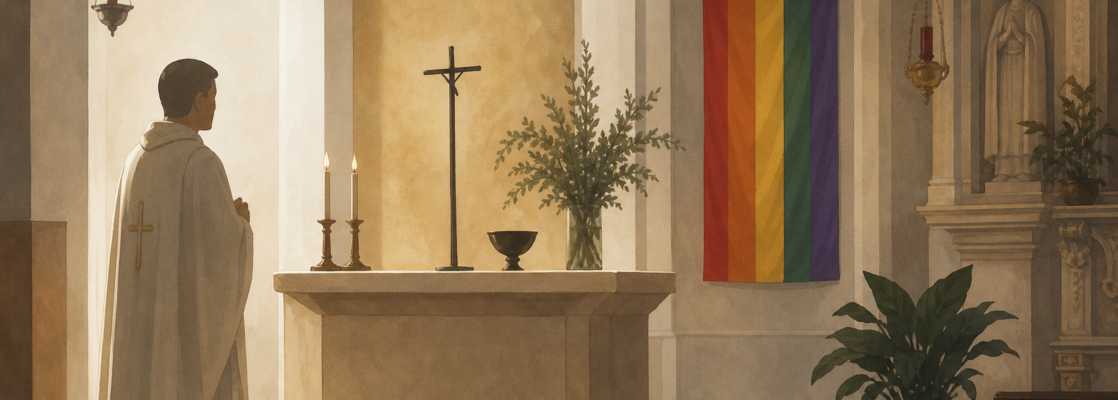 Ilustración del altar de una iglesia sevillana con una bandera arcoíris y una figura sacerdotal no identificable.