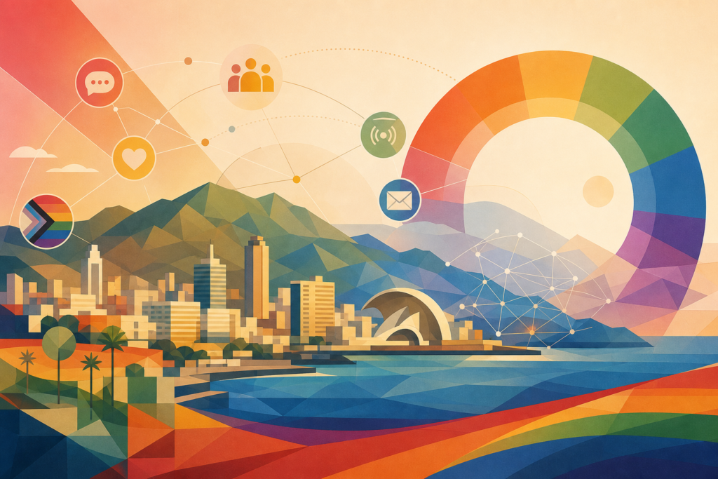 Perfil urbano y costa de Santa Cruz de Tenerife con símbolos geométricos LGTBIQA+ e iconos de comunicación.