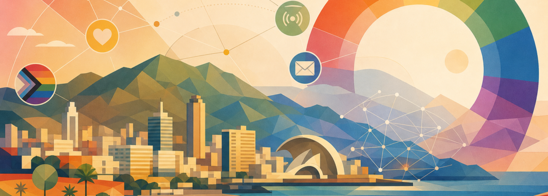 Perfil urbano y costa de Santa Cruz de Tenerife con símbolos geométricos LGTBIQA+ e iconos de comunicación.