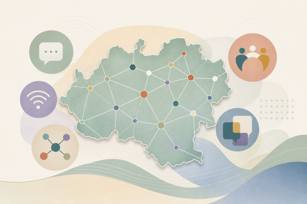 Mapa estilizado de la provincia de Soria con nodos de conexión, símbolos de comunicación y colores inclusivos suaves.
