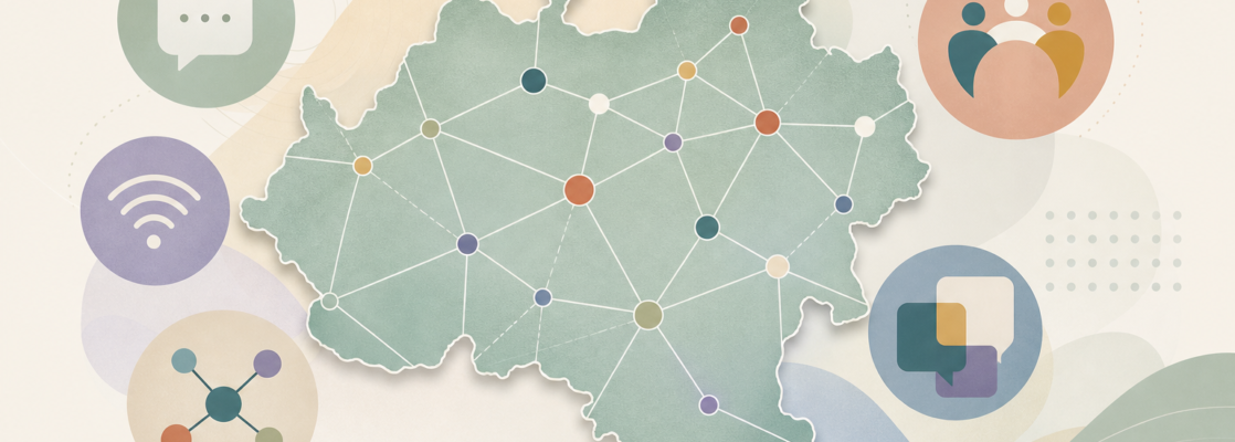 Mapa estilizado de la provincia de Soria con nodos de conexión, símbolos de comunicación y colores inclusivos suaves.
