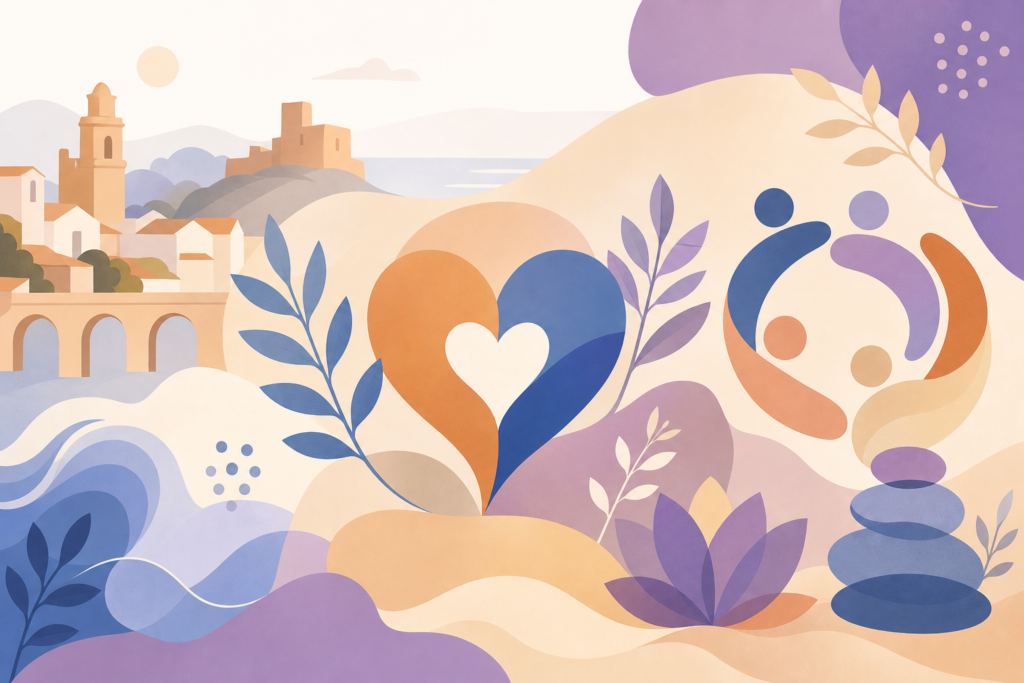 Ilustración abstracta con formas suaves y símbolos inclusivos sobre bienestar emocional en Vélez-Málaga.