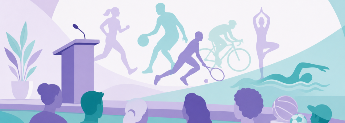 Siluetas deportivas abstractas junto a un atril en una ilustración inclusiva de tonos lila, turquesa y blanco.