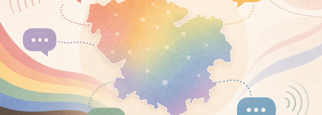 Mapa estilizado de Toledo con colores LGTBIQA+ y símbolos abstractos de comunicación en una composición horizontal.