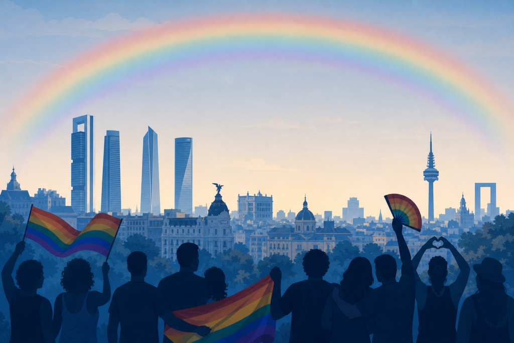Skyline estilizado de Madrid bajo una banda arcoíris, con siluetas diversas y no identificables en primer plano.