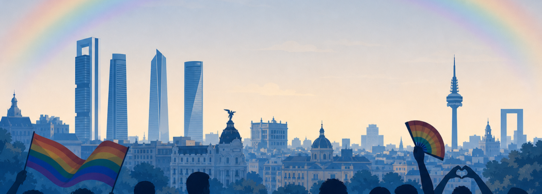 Skyline estilizado de Madrid bajo una banda arcoíris, con siluetas diversas y no identificables en primer plano.