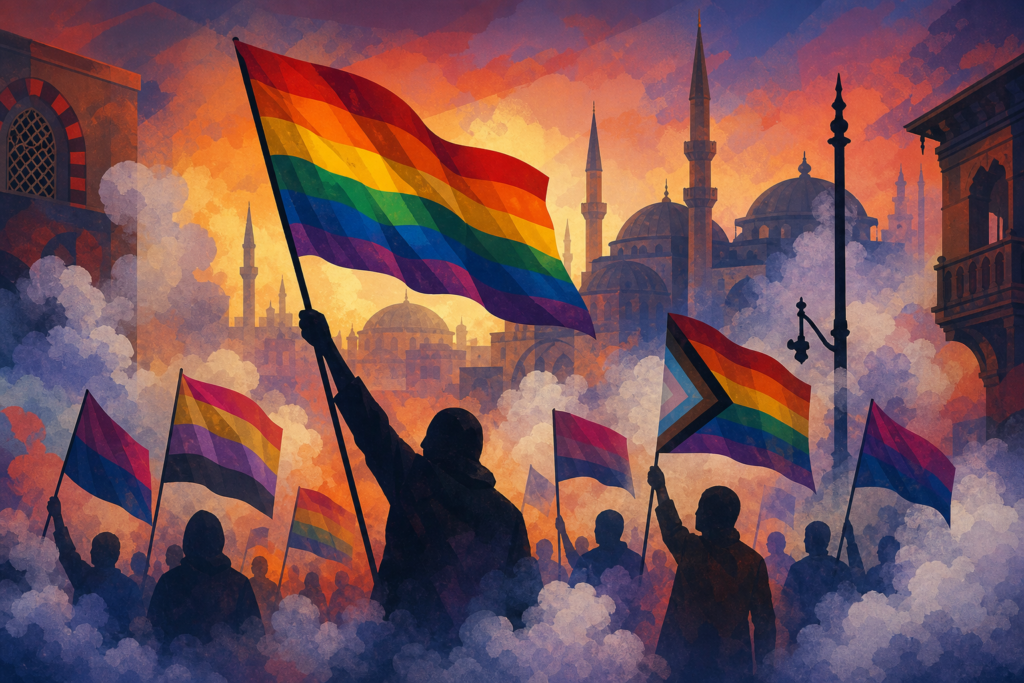 Siluetas abstractas multicolor ante un fondo urbano y nubes de humo simbolizan la represión y resistencia LGTBIQ+ en Turquía.