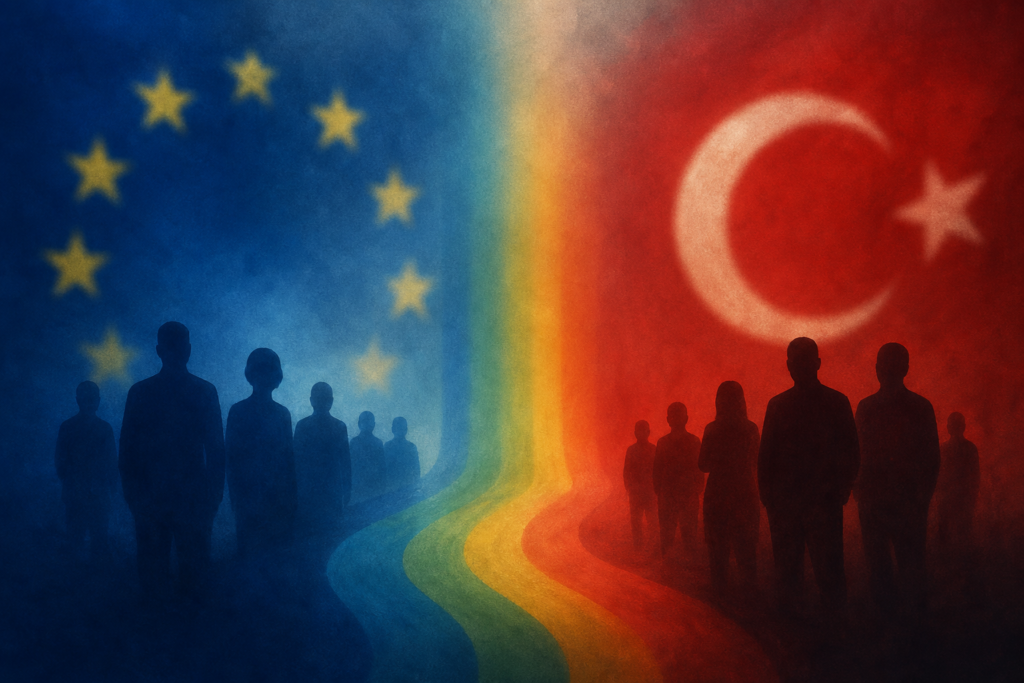 Banderas estilizadas de la Unión Europea y Turquía junto a un símbolo arcoíris abstracto.