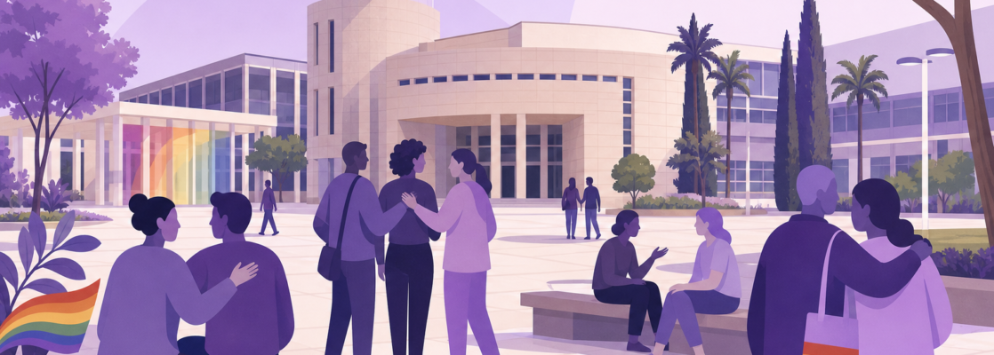 Siluetas estudiantiles abstractas en un campus de Elche con detalles arcoíris que simbolizan acompañamiento LGTBIQA+.