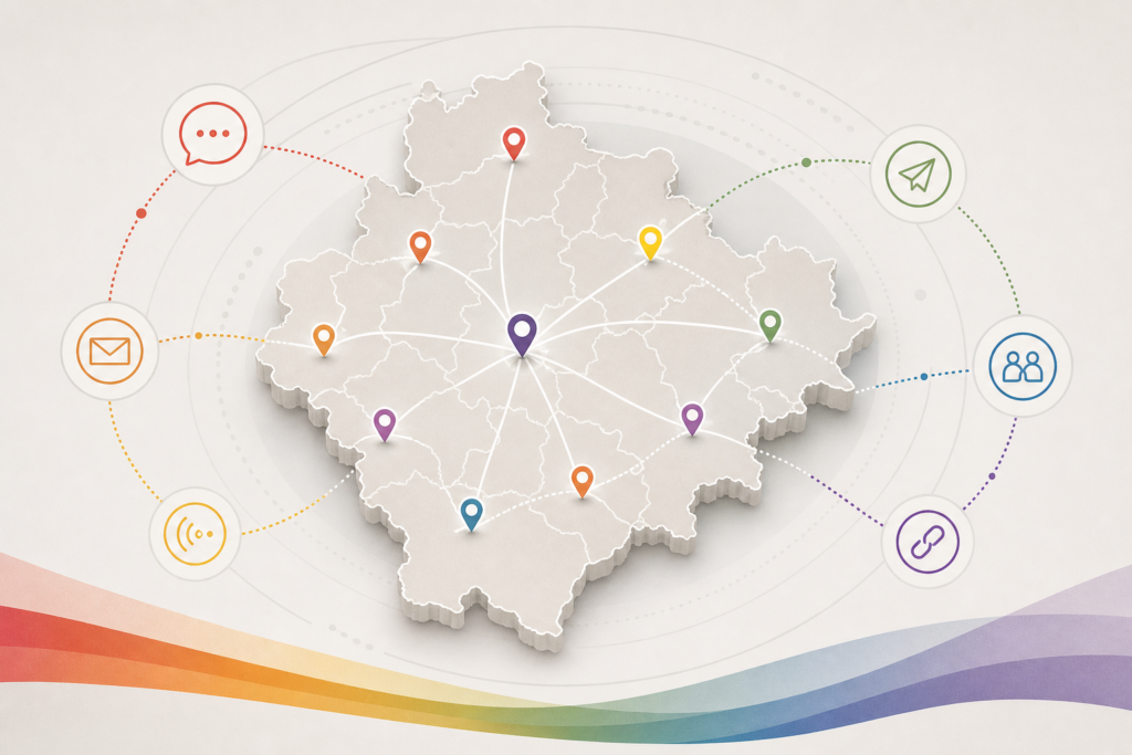 Mapa esquemático de Valladolid con pines y líneas que conectan iconos de comunicación en colores inclusivos.