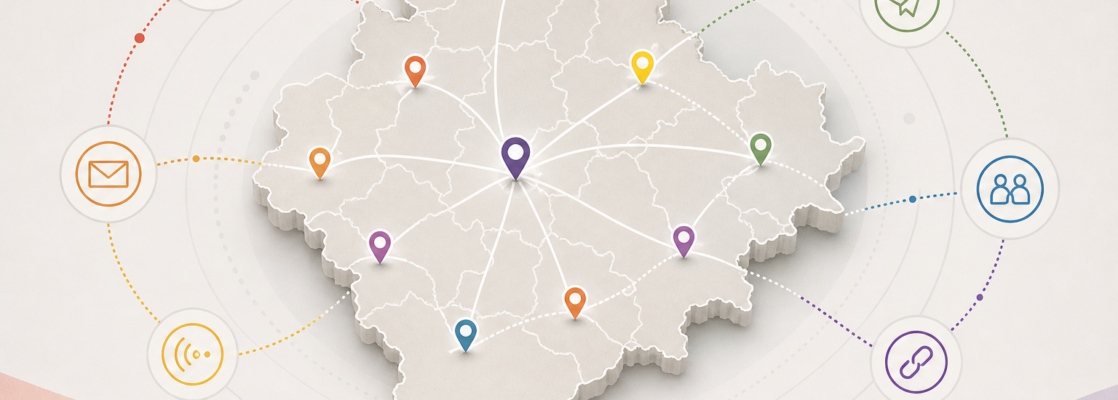 Mapa esquemático de Valladolid con pines y líneas que conectan iconos de comunicación en colores inclusivos.