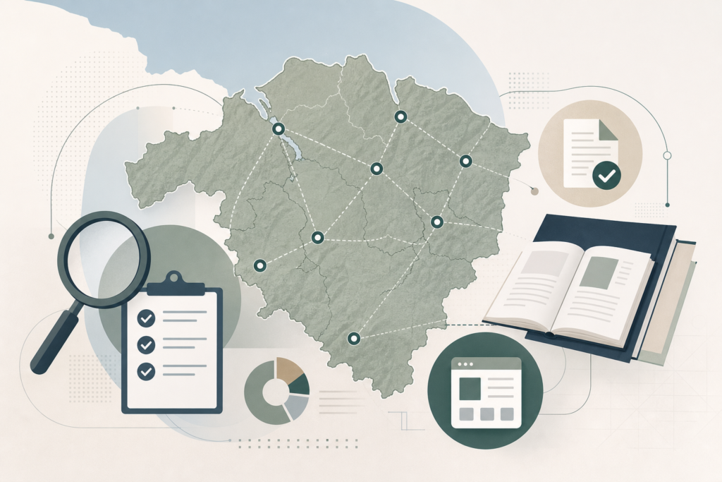 Mapa estilizado de Bizkaia con marcadores, conexiones e iconos abstractos de auditoría y publicación.