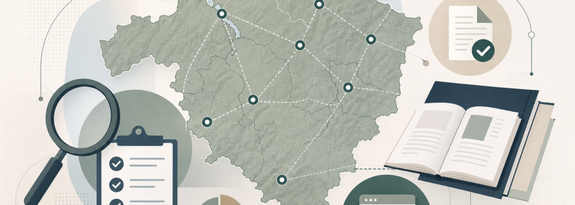 Mapa estilizado de Bizkaia con marcadores, conexiones e iconos abstractos de auditoría y publicación.