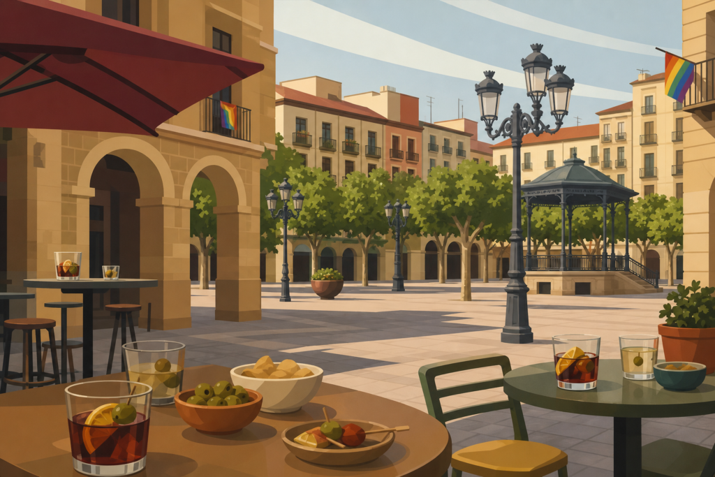 Plaza urbana con mesas, vasos de vermú y banderas arcoíris discretas durante una celebración festiva en Logroño.