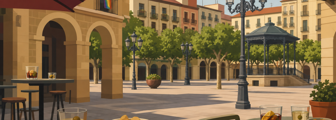 Plaza urbana con mesas, vasos de vermú y banderas arcoíris discretas durante una celebración festiva en Logroño.