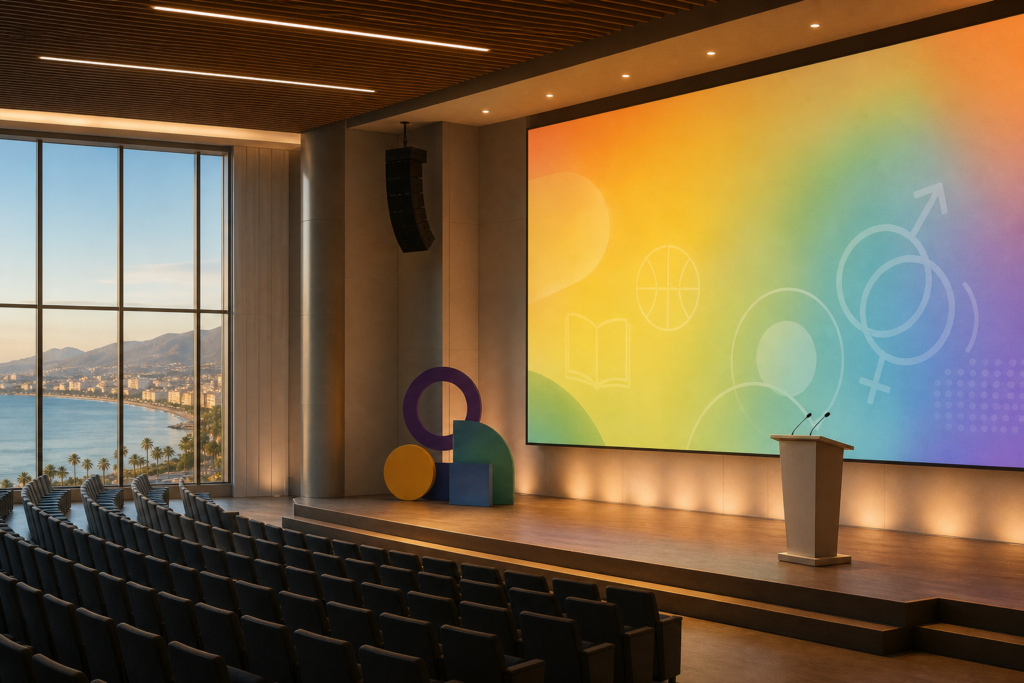 Auditorio vacío con escenario, colores alusivos al colectivo LGTBI y una vista lateral de la costa de Torremolinos.