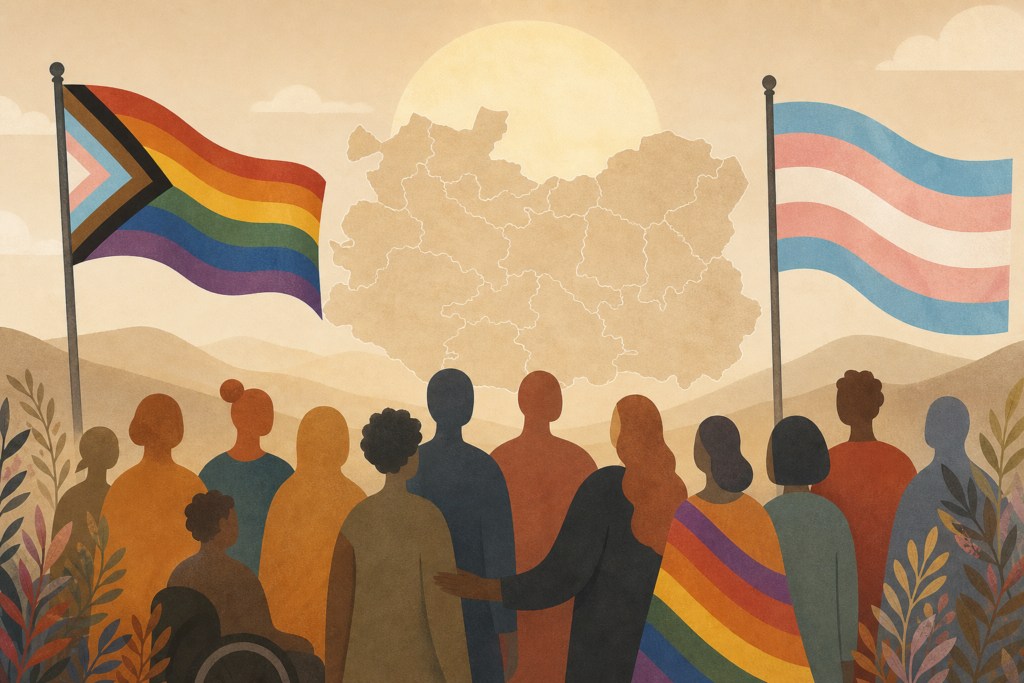 Banderas arcoíris y trans sobre un mapa estilizado de Ciudad Real junto a siluetas abstractas que representan diversidad.