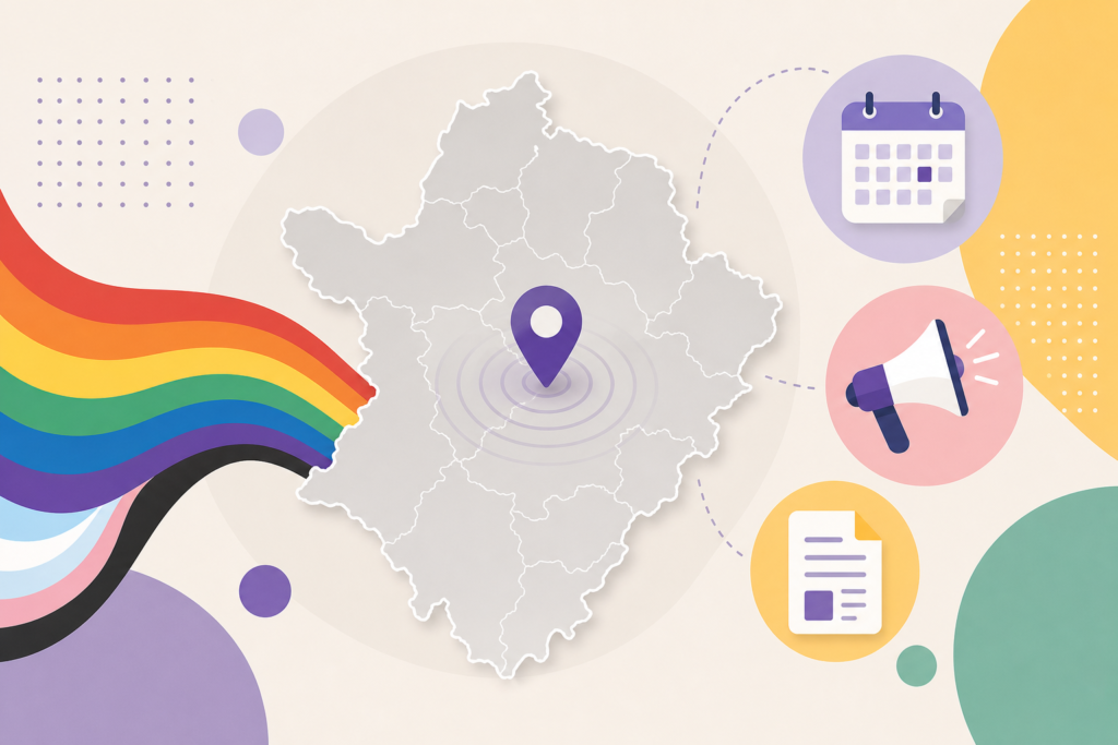 Mapa estilizado de la provincia de Zaragoza con colores de la diversidad e iconos de noticias, agenda y recursos.