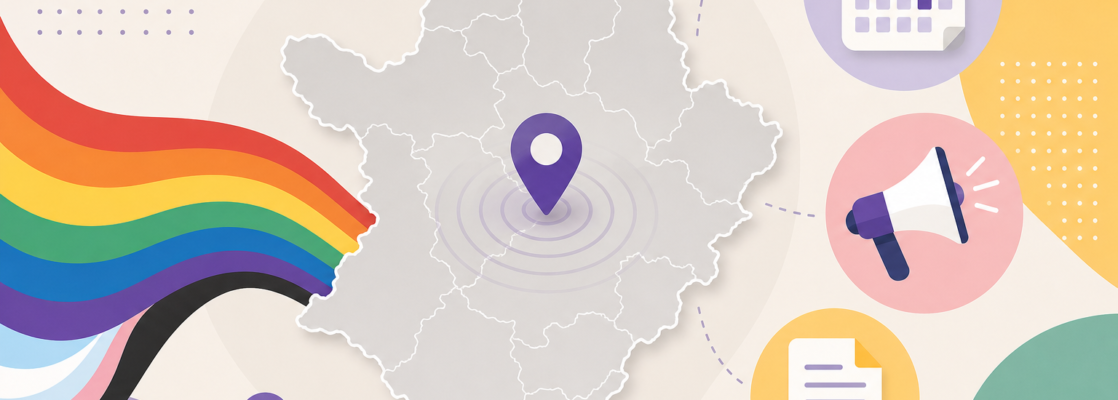 Mapa estilizado de la provincia de Zaragoza con colores de la diversidad e iconos de noticias, agenda y recursos.